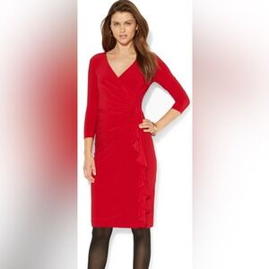 American Living Red 3/4 Sleeve Ruched Sheath Dress Career Cocktail Party‎